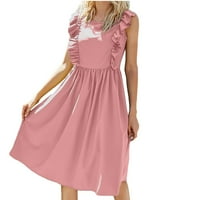 Женска рокля жени о-небрежно разхлабена пола солидна без ръкави Ruffles longuette рокля, розово