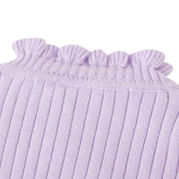 Cindysus момичета Термичен плътно цветово пуловер деца сладък пуловер плетен на открито оребрени свободни върхове лилаво 2-