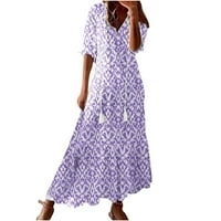 Ecqkame Maxi рокля за жени Beach Vacation Casual Spring and Summer V-Neck Три четвърт отпечатана рокля Purple Purple XL на клирънс
