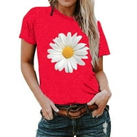 Hesxuno плюс размер върхове за жени Лятна модерен слънчоглед флорални отпечатани тениски Разхлабени екипаж с къс ръкав блузи Дами ежедневни върхове