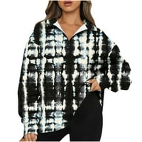 Umfun женски пуловер мода жени ежедневни печат ревера шия дълъг ръкав свободен тениска блуза пуловер върхове черни l