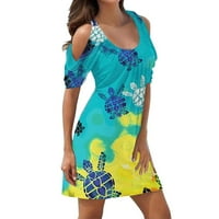 Рокли за жени с къс ръкав отпечатана мода от средна дължина A-Line V-Neck Summer Dress Blue L