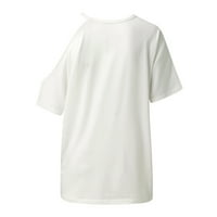 Ризи на Daznico за жени дами от рамото с къс ръкав Небрежен топ солиден цвят тежка тениска дамски летни върхове бели XL