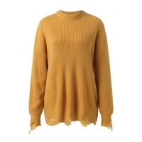 Разхлабен пуловер с плътна цветна дупка със средна дължина есен и зимен европейски и американски горещ стил есен и зимен кръг на врата пуловер с дълъг ръкав с дълъг ръкав пуловер