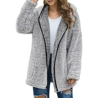 Xinqinghao Женски твърд цвят цип Zipper Up Cardigan Coat Отворете предни шапки палто зима с дълъг ръкав топло палто тъмно сиво xl