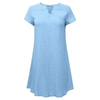 Leesechin Clearance Дамски рокли свободни солидни цветове V-образни летни плътни къси ръкави памук и ленено рокля