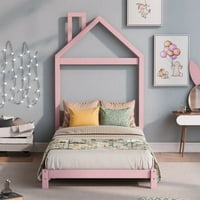 Двойна платформа за легло рамка за легло, пода на пода със солидни летви с масивна дървесина и къща с форма на къща, платформа легло за момичета момчета спалня, не е необходима bo пружина, розово