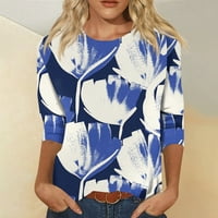 Ханас оглавява женската модна ежедневна седма ръкав отпечатани тениски с тениска с о-деколте отгоре синьо xxxxl