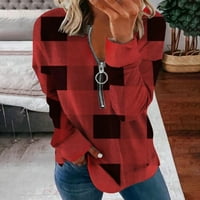 Отстъпка за жени модни ризи Половин цип V-образно пуловер Кариран печат Цвят Съответстващи върхове Дълги ръкав Блуза Класическа удобна суитчър Модни дрехи за жени Червено М