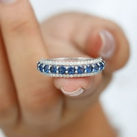 Минимален пръстен за половин вечност със създаден син сапфир и диамант - качество на AAAA, 14K бяло злато, US 7.00