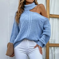Плетене на дълъг ръкав корупка от рамото твърди дълги пуловери за жени сини размер xl