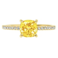 2. CT Brilliant Cushion Cut симулиран жълт диамант 14k жълто злато пасианс с акценти пръстен SZ 10.25