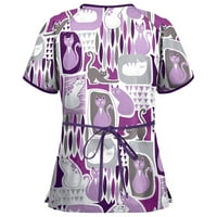 Ballsfhk Fashion's Fashion Casual Print с къс ръкав работещ v-образно деколте топ блуза за скраб жените жени