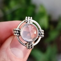 Navya Craft Rose Quartz Checker Round Sterling Silver Handmade Women Изявление Размер на пръстена 11.5