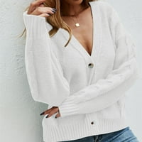 Жени плетени жилетка- V-образно деколте солиден бутон с дълъг ръкав плетен пуловер жилетка бяла l