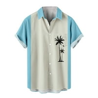 Мъжки блуза отгоре, хавайска риза за мъже, мъже ежедневни солидни бутони плаж с джобни въртящи се ризи с къс ръкав блуза светло синьо