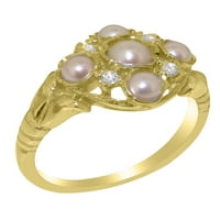 Британски направени 14k жълто злато култивирана перла и диамантен женски обещаващ пръстен - Опции за размер - размер 7.75
