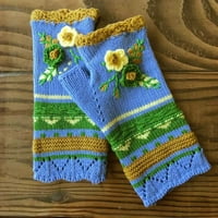 Tuscom дамски ежедневни ръкавици плетени половин ръкави цветя ръчни топли ръкавици, топли цветни плетени половин пръст дамски ръкавици, вълнени райета щампали се прилагат за празник на открито, зимен подарък