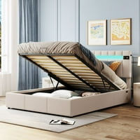 Размер на кралицата на леглото с LED светлина, Bluetooth плейър и USB зареждане, хидравлично легло за съхранение, бежово